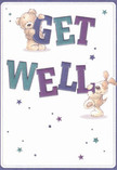 The scene on this cheerful get well card appears as welcoming as a visit from an old friend in Anerley. At its heart, a fluffy teddy bear and friendly puppy spring to life, their lively poses mirroring the delight of unexpected get well flowers waiting on a window sill. Both figures are playfully intertwined with the bold, aqua and indigo letters of 'Get Well,' made to stand out brightly against a soft cream backdrop, the kind of brightness that lifts spirits even on a cloudy day. Shimmering stars in vibrant blues and purples dance across the card, setting a whimsical, uplifting mood evocative of children's laughter near Anerley Park. The illustrated fur looks extra-soft and inviting-so textured you imagine the comforting hug these characters offer. More than a simple card, the artwork feels like an emotional balm crafted to accompany a fresh bouquet delivered locally, each detail working to soothe and inspire optimism. This design carries both innocence and real caring, making it a thoughtful way to send a touch of joy and comfort to anyone in recovery here in Anerley.